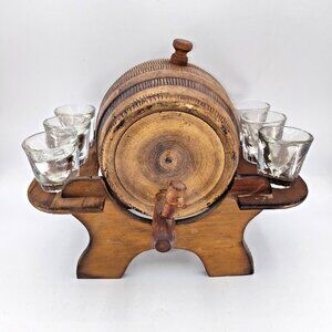 Ceramic Liquor Barrel Keg Dispenser w/ Wood Stand & 6 Shot Glasses